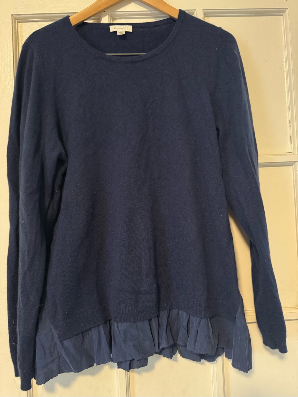 Garnet Hill Navy Cashmere Sweater with Pleated Hem